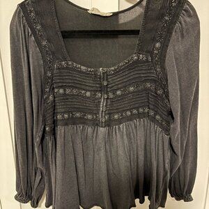 Lucky Brand Charcoal Blouse with Embroidered Details